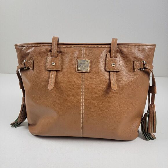 Dooney & Bourke Handbags - Dooney & Bourke Davis Tassel Saffiano Zip Shopper Tote Pebble Tan Leather Purse
